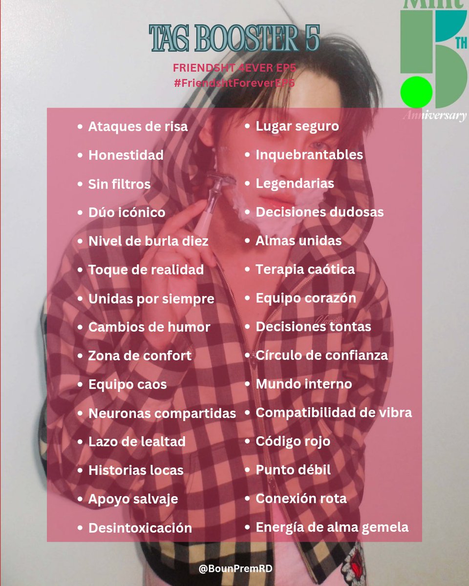 BounPremRD's tweet image. ♾ TAG BOOSTER #5

Responde con cada frase. Recuerda agregar la palabra clave y el HT.

🎯 200 comentarios + 100 RTs + 150 me gusta🙌🏽

FRIENDSHT 4EVER EP5
#FriendshtForeverEP5