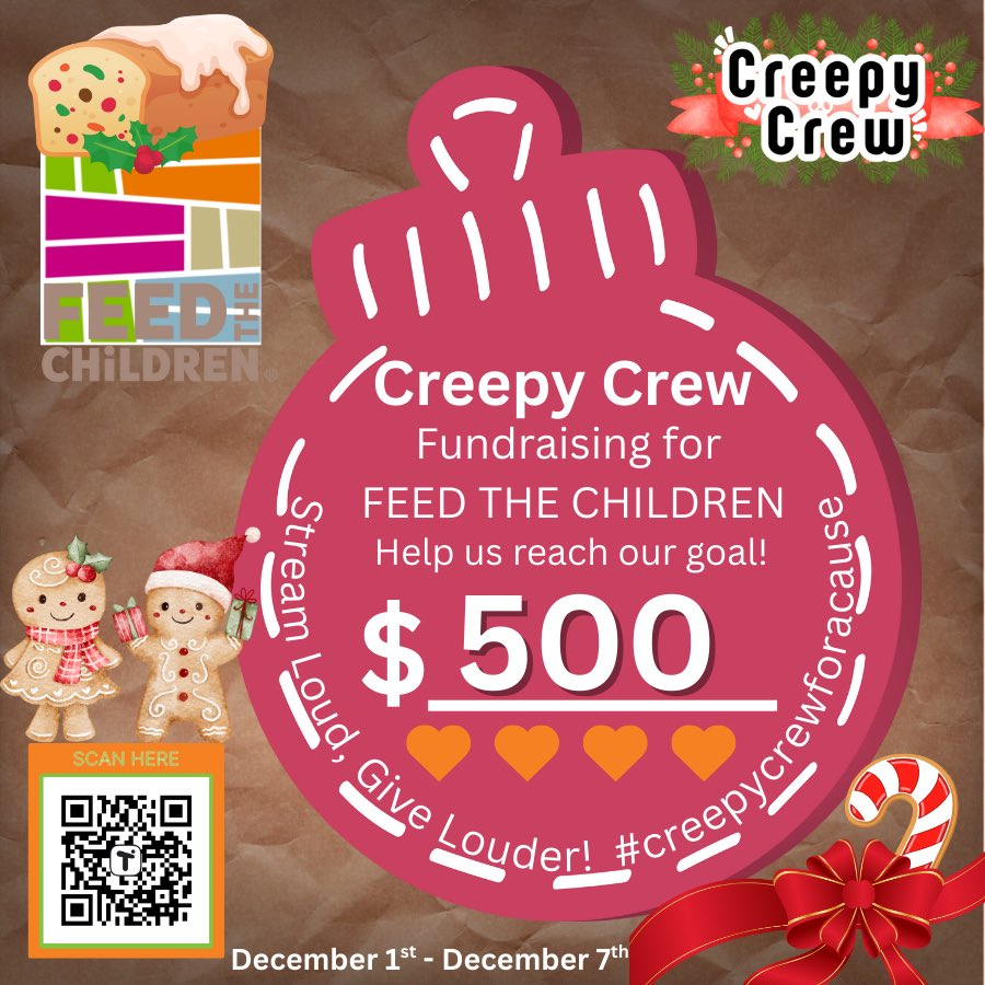 Hey y'all~! Gonna be doing some art for some chill vibes tonight, but, more importantly, RAISE SOME MONEY FOR CHARITY ALONGSIDE THE REST OF THE CREEPY CREW~! 
We're helping raise money for Feed the Children this week~ Come by for chillness and helping~ 
twitch.tv/devilkitty1