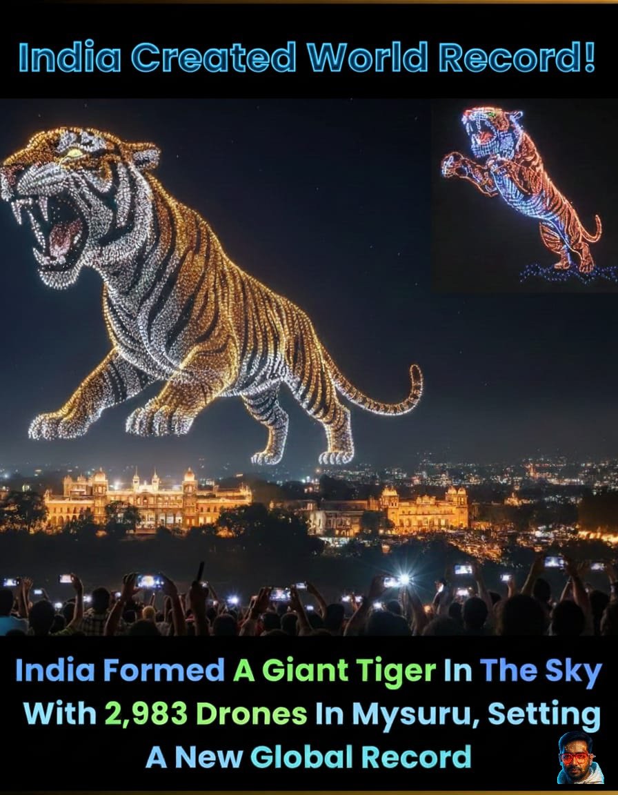 2,983 ड्रोन ने रात नहीं, भारत का भविष्य रोशन कर दिया। 🇮🇳

India’s sky lit up with brilliance
पर यह सिर्फ एक शो नहीं था,
एक ऐसा पल था जिसने हर भारतीय के दिल में गर्व की आग जला दी।

कहानी है Mysuru Dasara की,
जहाँ 28 सितंबर 2025 की रात
अचानक आसमान में हजारों रोशनियां उठीं…
और कुछ