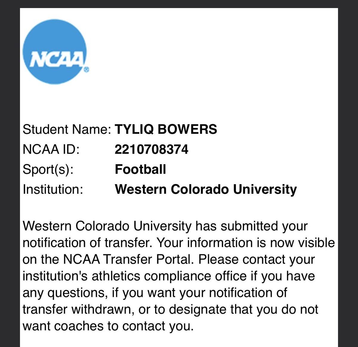 TyliqBowers's tweet photo. Thank you for the opportunity Western, I am officially in the transfer portal. I just want to give a special thanks to all the coaches and people that impacted me in a positive way while attending Western Colorado University! https://t.co/6B7o69HgX2