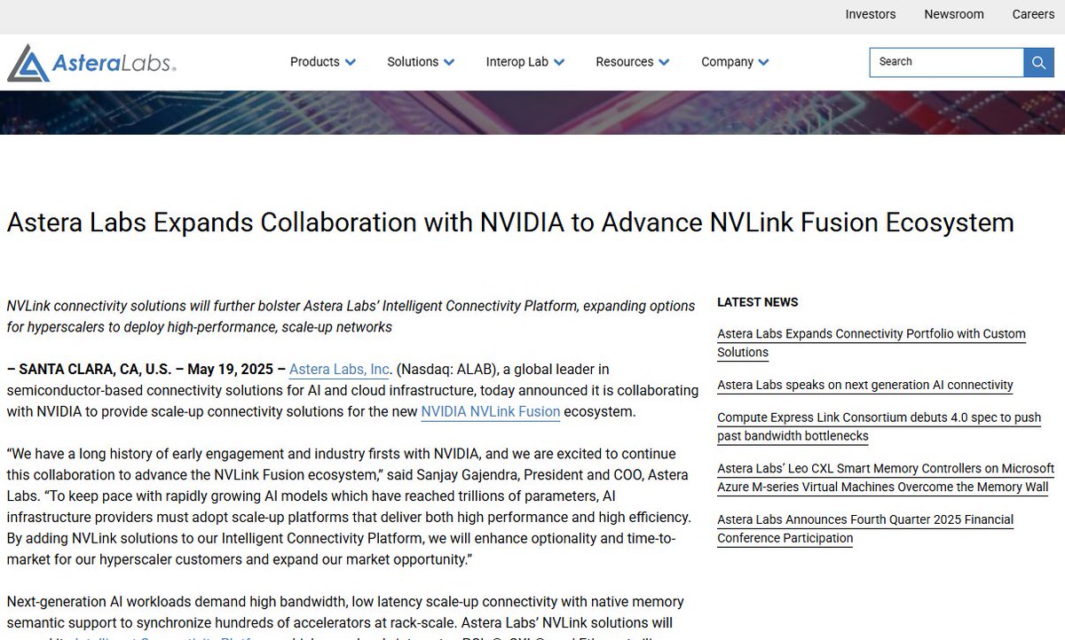 Unclestocknotes's tweet image. Astera Labs 擴大與 NVIDIA 的合作，以推進 NVLink Fusion 生態系統的發展
#ALAB 

而且 #ALAB 已經加入了「NVLink Fusion」生態系
公告裡特別提到了 Scorpio Smart Fabric Switch。
這是一個專門為 AI 基礎設施設計的「交換機晶片」。以前這是博通 #AVGO 或 Marvell #MRVL 的地盤。

#ALAB 不只做…
