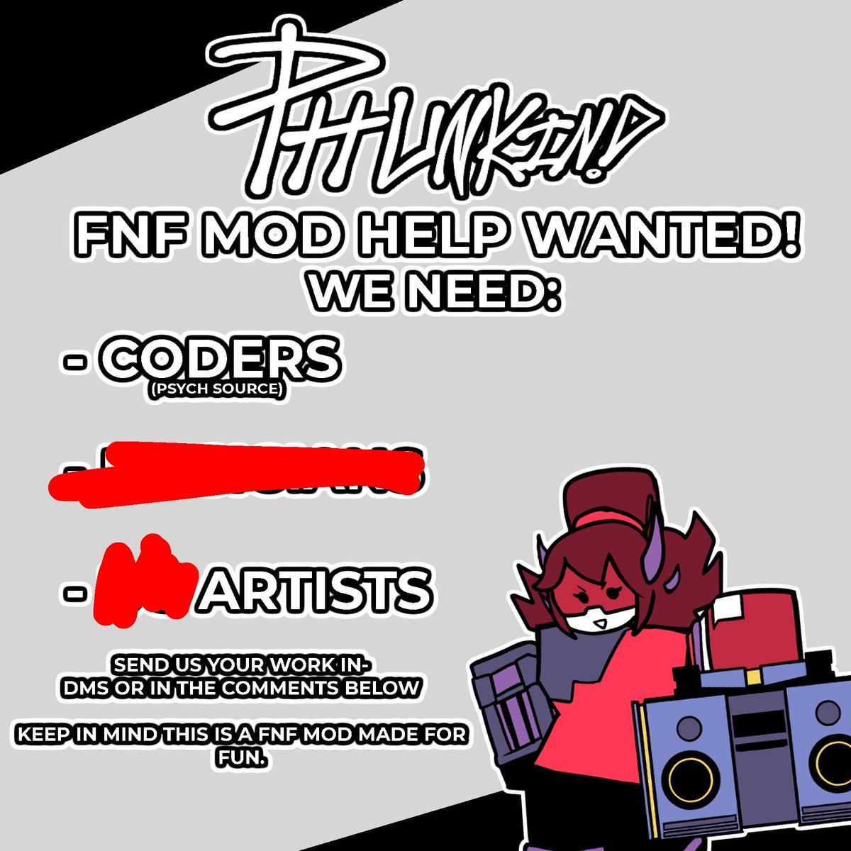 Phunkin_FNF's tweet photo. Gang I swear we aren’t dead at all. But we still need help and getting this mod back on track! 

We mostly need BG Artists and FNF Sprite Artists who can mimic Artstyles. But any help besides that could be useful!

#fnf #fnfmod #fnfmodhelpwanted https://t.co/DiPfyJDyaw