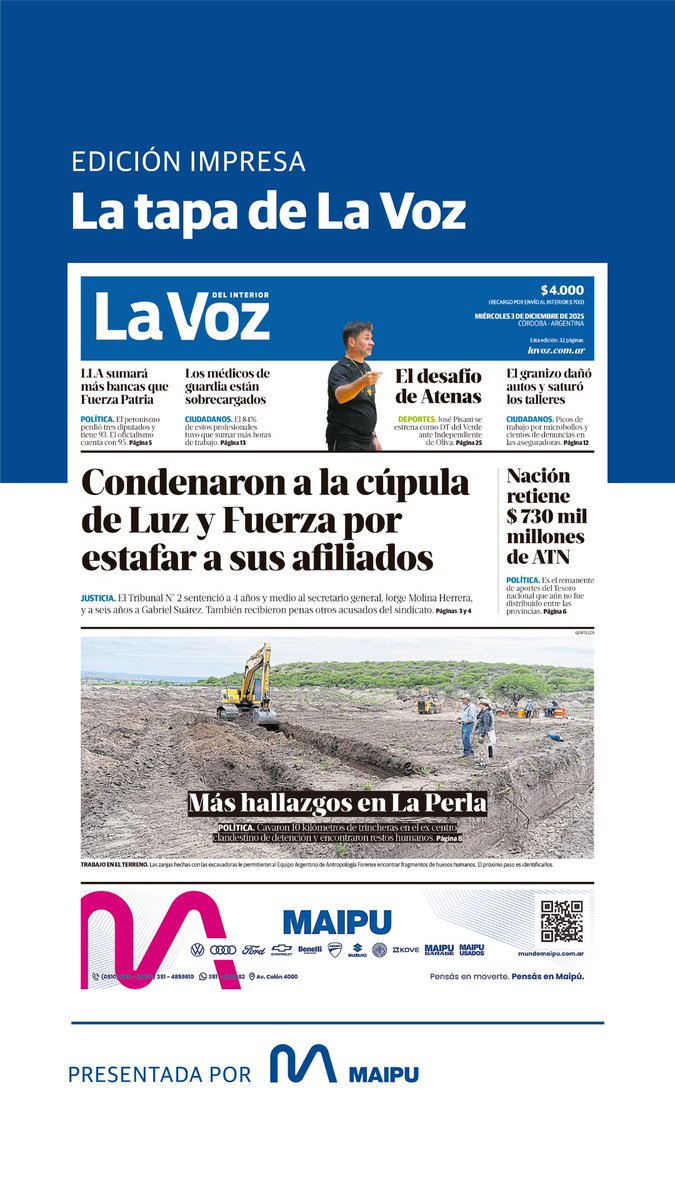 ¡Buen miércoles, Córdoba! 😃

🌤️ Para hoy, se prevé una temperatura máxima de 33°C y una mínima de 18ºC. Se esperan un cielo entre ligeramente nublado y despejado durante toda la jornada.

🗞️ Te compartimos la tapa de la edición impresa de este miércoles 3 de diciembre.

Seguí