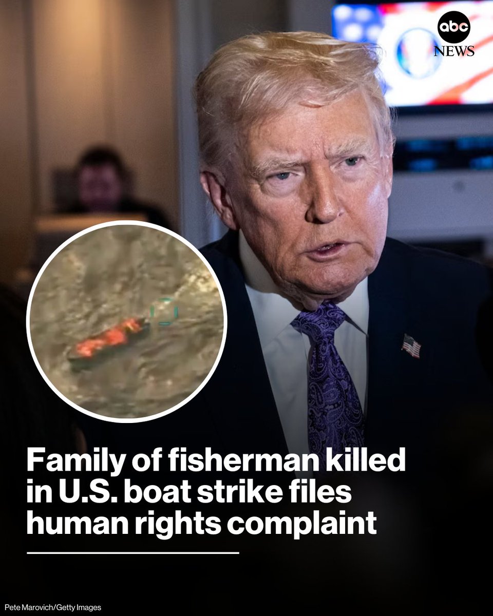 ABC's tweet image. The family of the Colombian fisherman who was killed in the Sept. 15 U.S. military strike in the Caribbean Sea filed a formal complaint Tuesday with the Inter-American Commission on Human Rights alleging the U.S. government illegally killed him.
abcnews.link/M6mdgfD