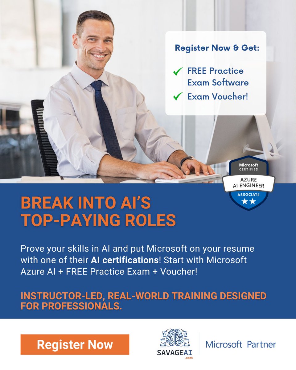 SAVAGEAIDOTCOM's tweet photo. Break into AIโs top-paying roles.
Get certified as a Microsoft Azure AI Engineer.
โ Free practice exam
โ Free exam voucher
โ Instructor-led training
Register now โก๏ธhttps://t.co/SBEIE2vBYH
#AzureAI #ArtificialIntelligence #SAVAGEAI #Microsoft365 #Certification #Careers https://t.co/RFvCrb8vU1