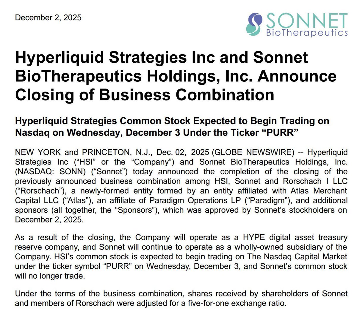 🔥 Hyperliquid Strategies Common Stock Expected to Begin Trading on Nasdaq  on Wednesday, December 3 Under the Ticker $PURR Hyperliquid Strategies will  operate as a HYPE token treasury reserve, holding approximately 12.6
