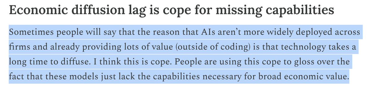 kmad's tweet image. When you try to use models for real-world tasks (not coding) you bump into their lack-of-generality pretty quickly.  @dwarkesh_sp hits the key point here. 

Capabilities are jagged and progress is uneven;  benchmarks - while useful - do not measure the messiness of the real world