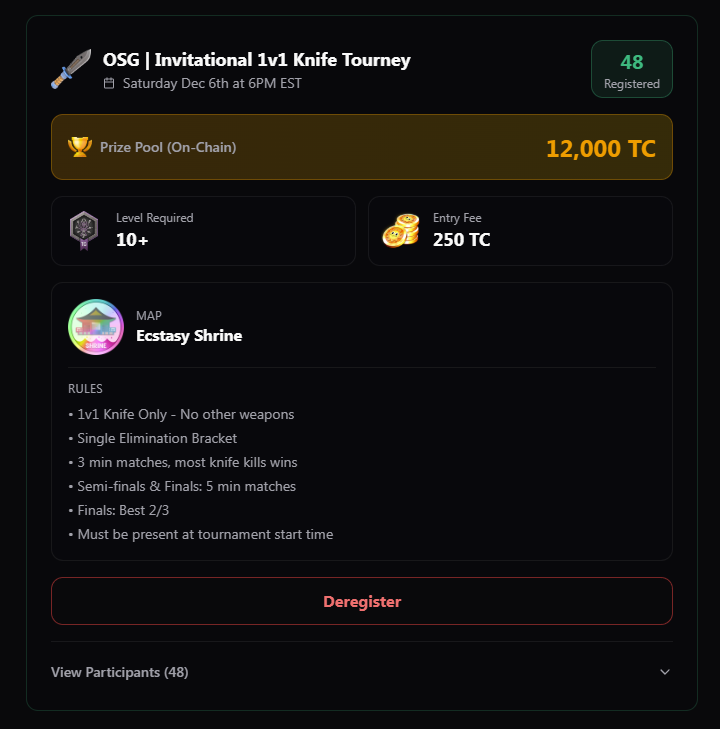 🚨 BIG ANNOUNCEMENT! 🚨 
<a href="/OutcastSocietyX/">Outcast Society | Web3</a> is hosting an EPIC 1v1 KNIVES ONLY Tournament in <a href="/SuperTrip64/">SuperTrip⁶⁴</a> on Ecstasy Shrine! ⭐

Sharpen those blades on DECEMBER 6TH at 6PM EST to compete in STL's first ever tournament with a $1000+ prize pool! 💰

💫   SIGN UP HERE! 👇🏻  💫