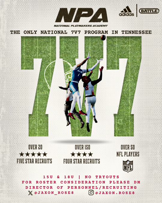 BuckFitz's tweet photo. 🚨There will be no NPA 7v7 Tryout for 18u &amp; 15u. If you would like to be considered for the only National Program in Tennessee follow the directions on the flyer or DM us! 🚨 https://t.co/KOEA6uog1b