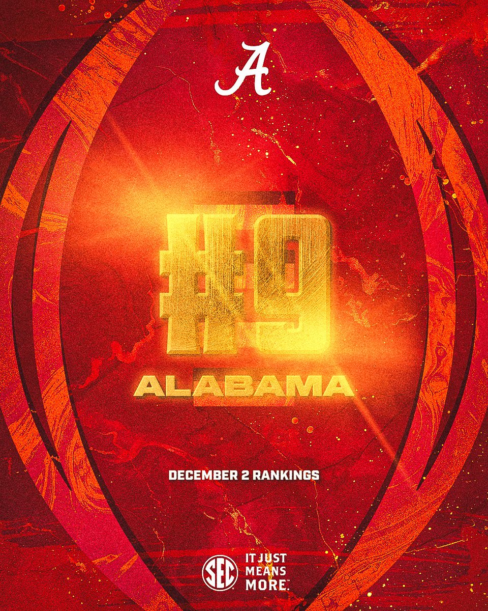 SEC's tweet image. 🏈 Dec. 2 CFP Rankings

🐘 No. 9 @AlabamaFTBL 

@CFBPlayoff x #ItJustMeansMore