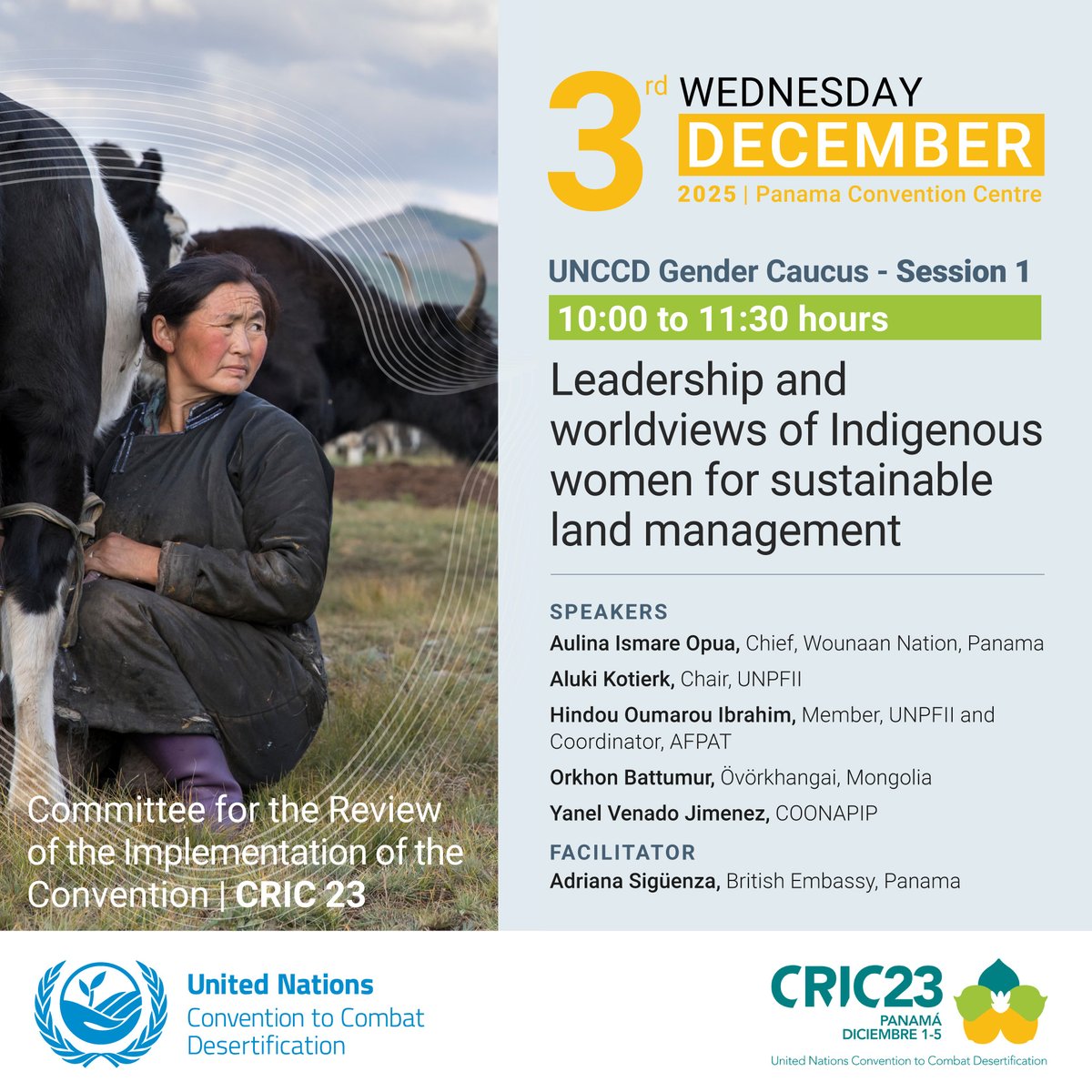 👩🏾‍🌾 UNCCD Gender Caucus reconvenes, this time at CRIC23 in Panama City.

At today's session, Indigenous women leaders will share how their worldviews and knowledges shape land governance and drought resilience: unccd.int/cric23

#HerLandHerRights #United4Land