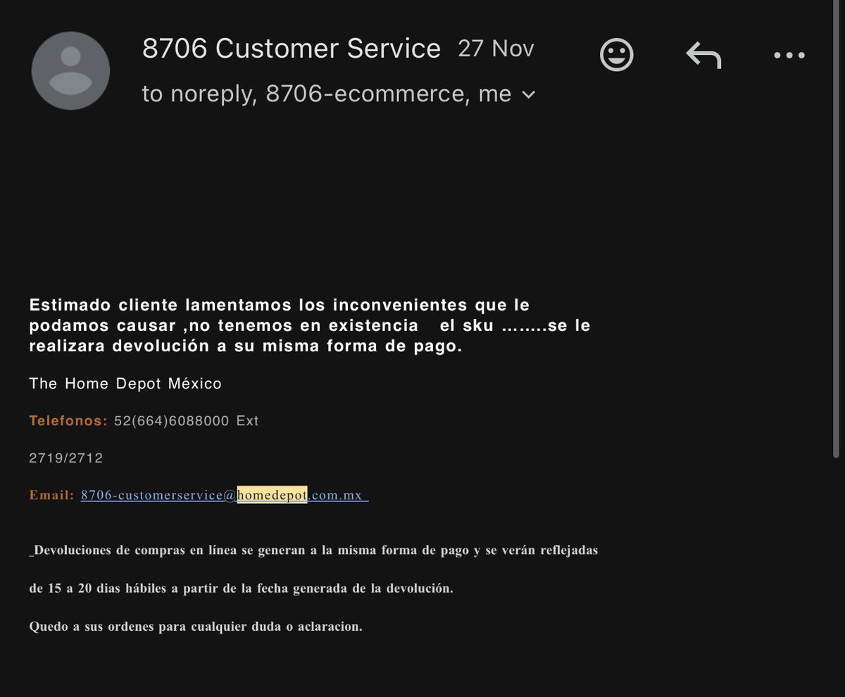 Oye, <a href="/TheHomeDepotMx/">TheHomeDepotMx</a> <a href="/HomeDepot/">The Home Depot</a> por qué me cancelaron la compra que hice en el buen fin, con descuento de 7mil pesos porque “no hay stock”, pero en su página sigue apareciendo stock físico y en línea? 

Qué procede <a href="/Profeco/">Profeco</a> ?