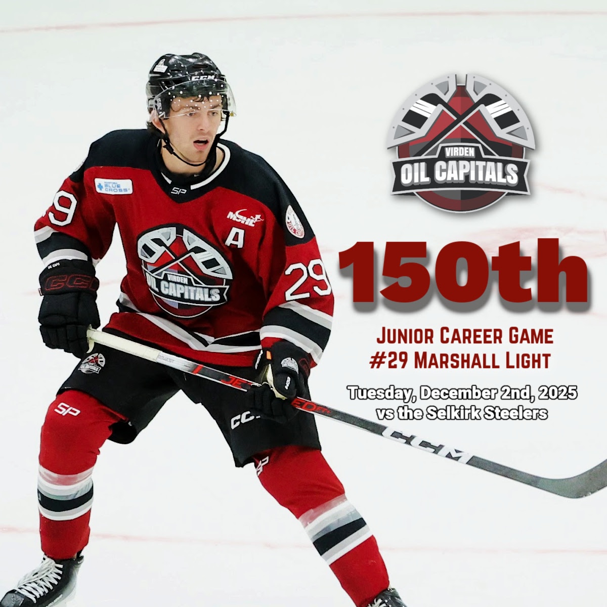 The Virden Oil Capitals would like to congratulate #29 Marshall Light on playing in his 150th Junior Career Game tonight at home vs the Selkirk Steelers!

Congratulations Marshall!

#mjhlhockey #townofvirden
