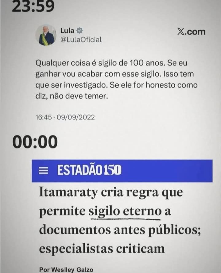 Mais uma promessa cumprida!

Lula acabou como sigilo de 100 anos... e inaugurou o sigilo eterno.