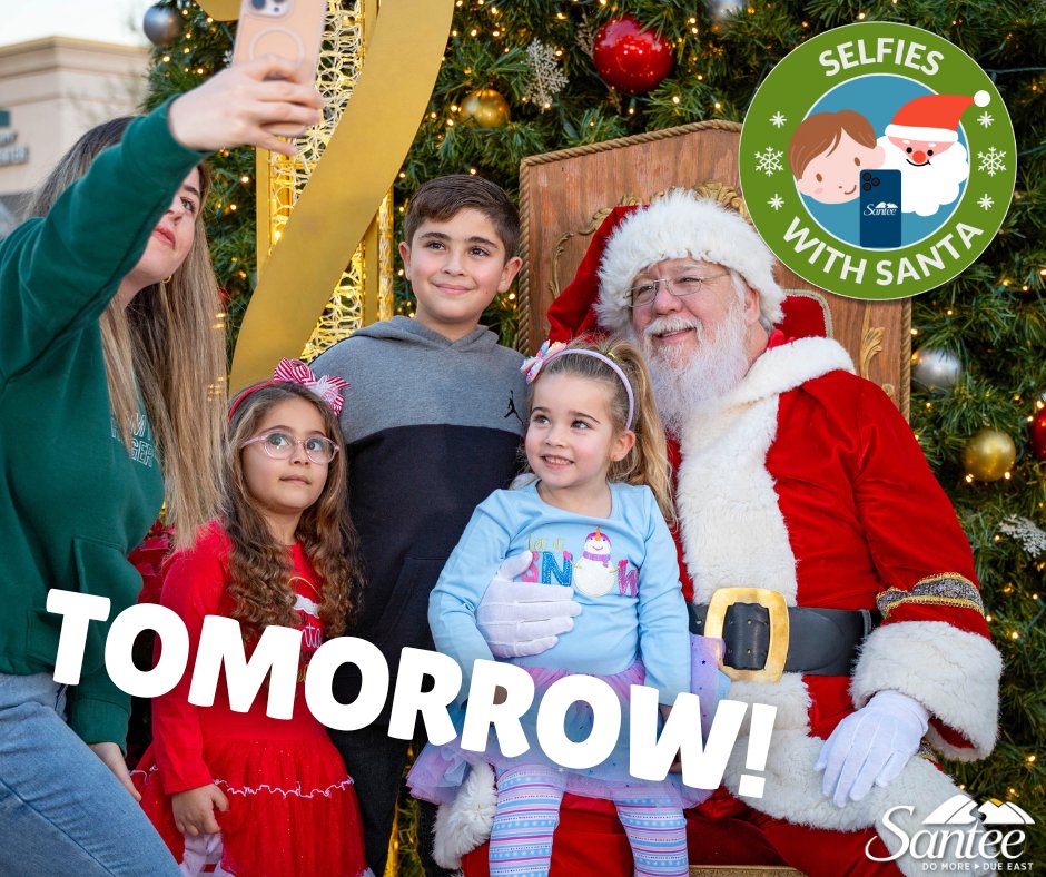 🎶 Santa Claus is coming to town 🎶... TOMORROW! 🎅
Don't miss Santa's appearance at Santee Trolley Square tomorrow from 4:30-7:30PM. Bring the family, grab your camera and get ready to capture this special moment 📸 We hope to see you there!
#CityofSantee #Santa #Photos #Holiday