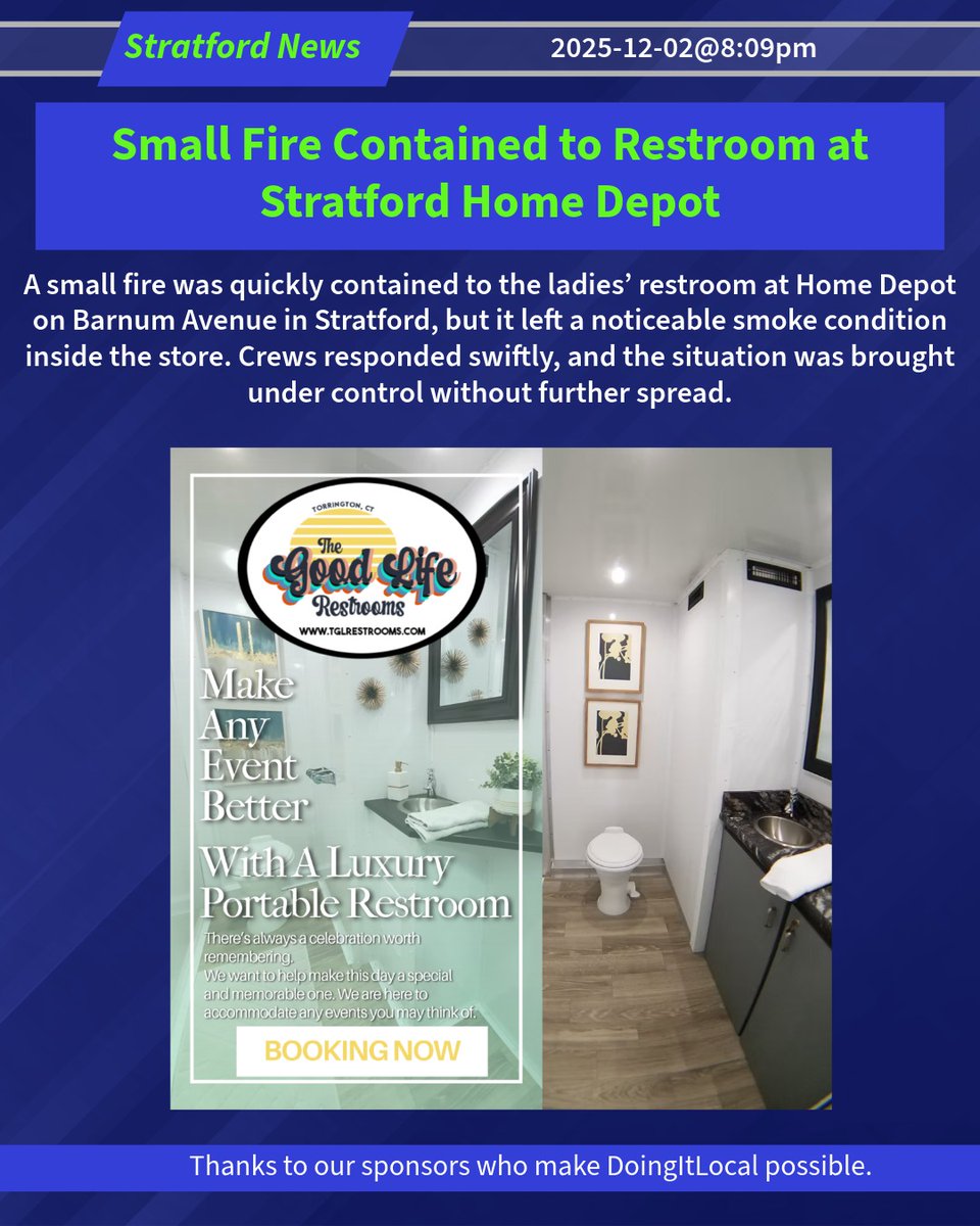 DoingItLocalcom's tweet image. Small Fire Contained to Restroom at Stratford Home Depot
A small fire was quickly contained to the ladies’ restroom at Home Depot on Barnum Avenue in Stratford, but it left a noticeable smoke condition inside the store. 
2025-12-02@8:09pm #Stratford CT #ctfire