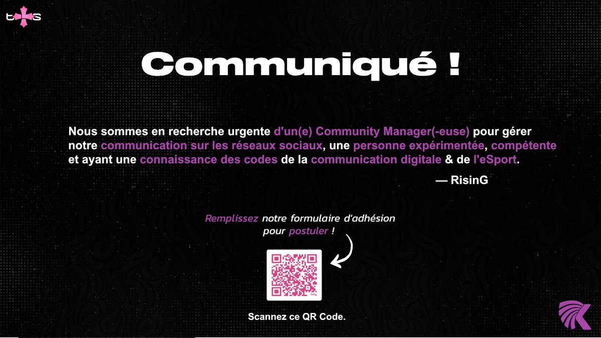AXIONation's tweet photo. 🚨 URGENT !!  

TLS™ est à la recherche d'un(e) CM pour la gestion de sa communication sur ses réseaux sociaux ! 🌐🚀

💻 Vous pouvez faire votre demande d'adhésion par notre formulaire de recrutement ! 🔥

➡ https://t.co/vetyEhKn6x
-

La direction, https://t.co/qcwJicICiX