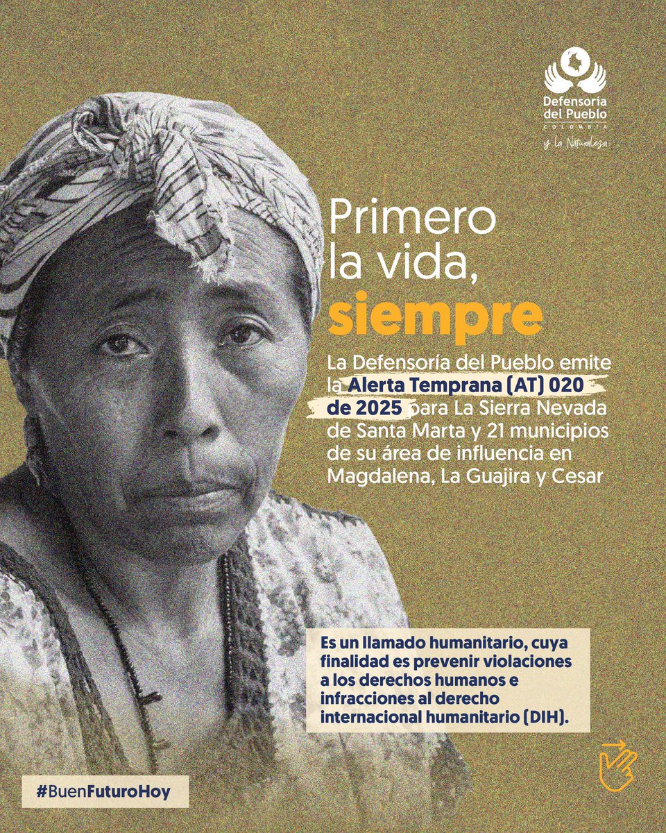 DefensoriaCol's tweet photo. A través de la emisión de la Alerta Temprana 016 de 2025 para la Sierra Nevada de Santa Marta (SNSM) y su área de influencia, exhortamos a las entidades competentes a adoptar acciones para la protección de la vida de las comunidades del territorio.

La Alerta se focaliza en 21 municipios en Magdalena, La Guajira y Cesar.

➡️ Conoce la Alerta Temprana aquí: https://t.co/pyjFxqtRzA