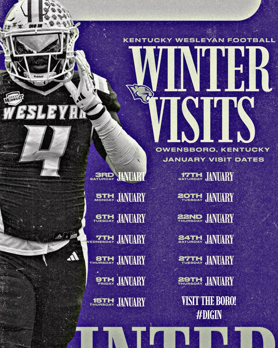 I will be going on a visit to Kentucky Wesleyan Jan.3 <a href="/CoachClark78/">Chris Clark</a> <a href="/CoachJ1906/">Marcus Jamison</a> <a href="/JenorrisH/">Coach Jenorris Hibbler</a> <a href="/JamesBakwards2/">Coach Semaj Williams, M.A.A.</a> <a href="/_CoachJohnsonJr/">COACH T</a> <a href="/Bmayfield17/">Coach Mayfield</a> <a href="/Recruit_OBFBall/">Olive Branch Football Recruiting</a>