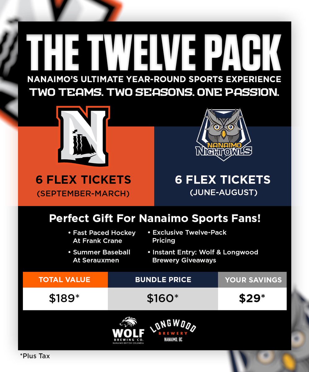 🎉 The ultimate Nanaimo sports deal is HERE! 🎉

Get 12 games for one unbeatable price with The Twelve Pack — 6 Clippers flex tickets for hockey season + 6 NightOwls flex tickets for summer baseball.

Purchases made at the Clippers Office. Get yours today!

#BleedOrange