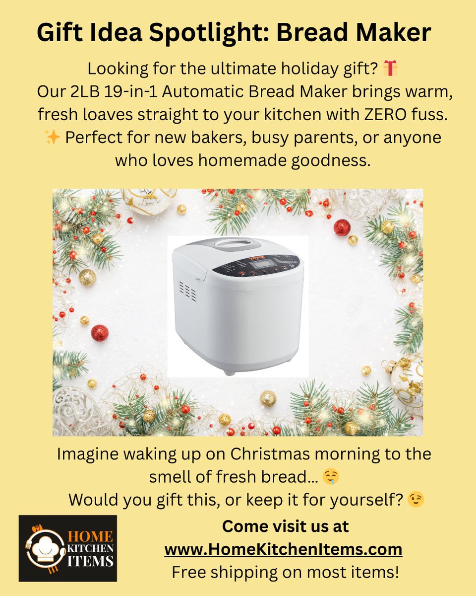homekitchen62's tweet image. Fresh-baked bread for Christmas? Yes please. 🍞✨Our 19-in-1 Bread Maker = perfect gift!  Come visit us at HomeKitchenItems.com
#BreadMaker #HolidayGifts #KitchenEssentials #ChristmasCooking #GiftGuide #HomeKitchenItems