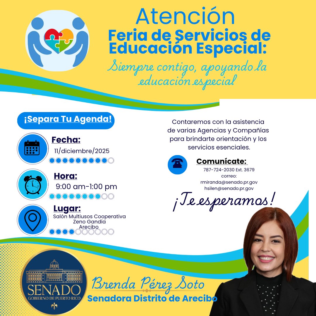 Este 11 de diciembre de 2025, de 9:00 am a 1:00 pm, acompáñanos en la Feria de Servicios de Educación Especial en el Salón Multiusos de la Cooperativa Zeno Gandía.

Un espacio para nuestras familias con agencias y compañías ofreciendo orientación y servicios esenciales.