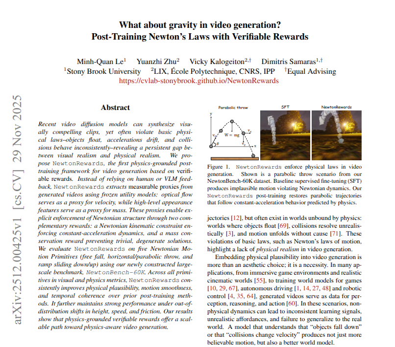 The paper shows how to teach video generators basic gravity rules so objects move more like in real life.

NewtonRewards is a post training method that scores generated videos by how well they obey simple Newtonian motion rules.

Standard video diffusion models mainly mimic