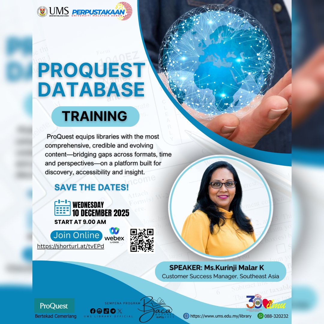 Lib_UMS's tweet image. 📢You are invited to join a webinar: Proquest Database Training

🗓️ 10 December 2025 (Wednesday)
🕘 9.00 AM
🗣️ Ms. Kurinji Malar K 

📲Click to join online: shorturl.at/tvEPd
📌SDP/IDP point will be provided

Please share🤗
Thank you😀

#DatabaseTraining
#UMSLibrary