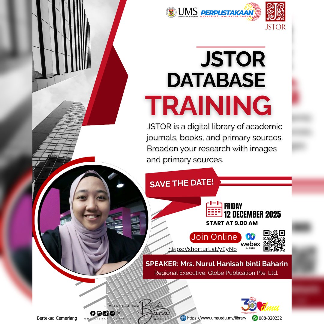 Lib_UMS's tweet image. 📢You are invited to join a webinar: JSTOR Database Training.

🗓️ 12 December 2025 (Friday)
🕘 9.00 AM
🗣️ Mrs. Nurul Hanisah binti Baharin 

📲Click to join online: shorturl.at/yEyNb
📌SDP/IDP point will be provided

Please share🤗
Thank you😀

#DatabaseTraining
#UMSLibrary