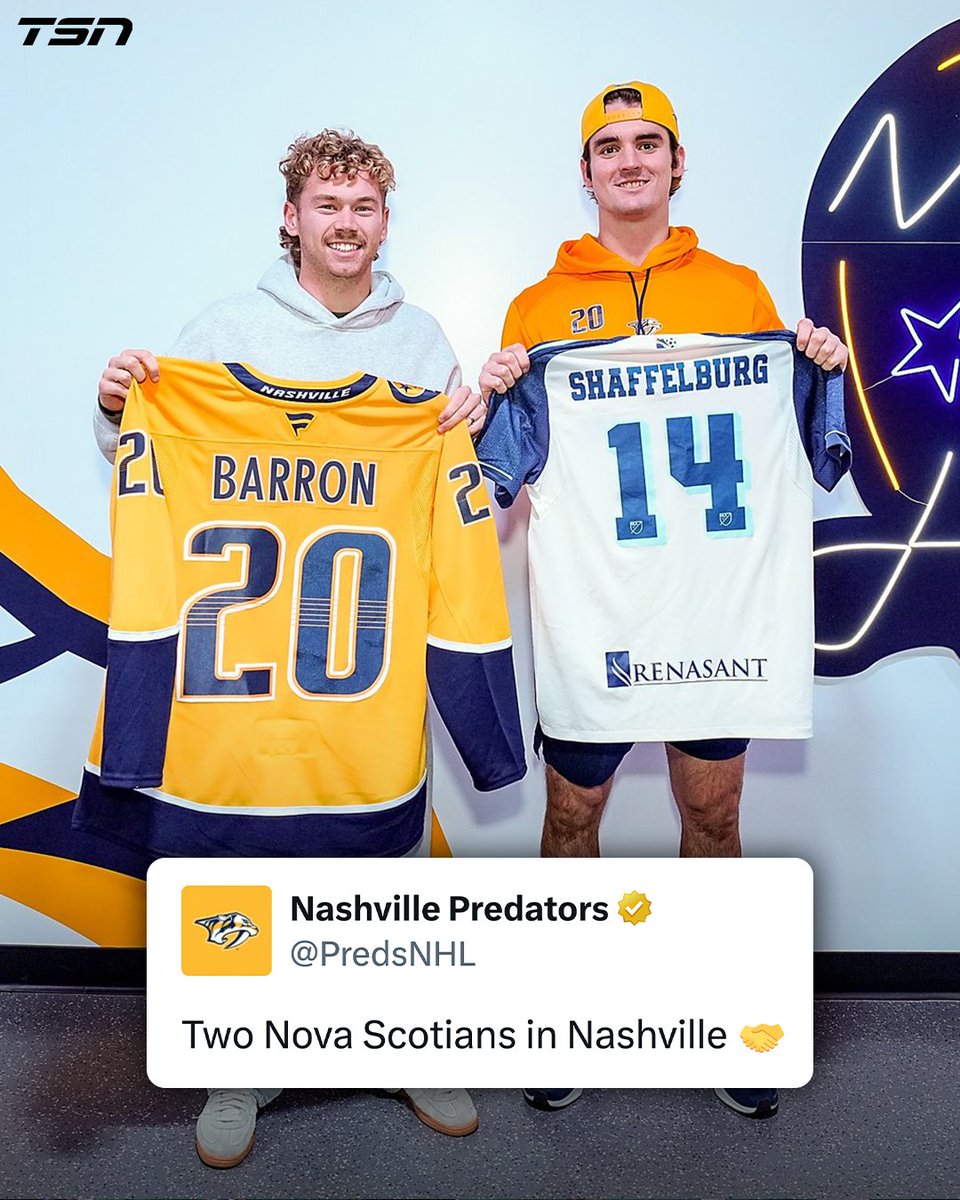 CMNT winger and Kentville, NS native Jacob Shaffelburg linked up with fellow Nova Scotian, Justin Barron in Nashville tonight 🇨🇦⚽

(via <a href="/PredsNHL/">Nashville Predators</a>)