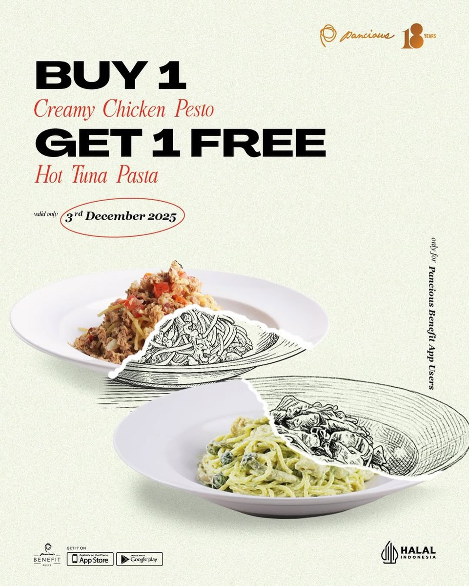 katalogpromosi's tweet image. Pencinta pasta merapat 🍝✨
Beli Creamy Chicken Pesto dapat Hot Tuna Pasta GRATIS 
cuma HARI INI aja 📅 3 Desember 2025.

Jangan lewatkan, klik untuk cek detailnya 👉 katalogpromosi.com/promo-pancious…
#Pancious #PromoMakan #Buy1Get1