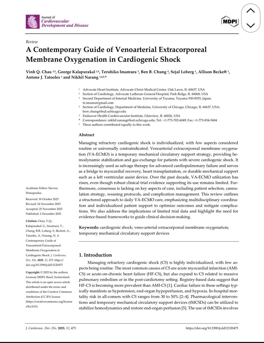Nikhil15's tweet image. Attn #ACCFIT on CCU blocks, check out our our #openaccess comprehensive review on the use of VA-ECMO in Cardiogenic Shock⚡️ 

We cover: 
✅ Trial Data
✅ Indications, best daily practices
✅ Configurations
✅ Weaning and more!

📄 mdpi.com/2308-3425/12/1…