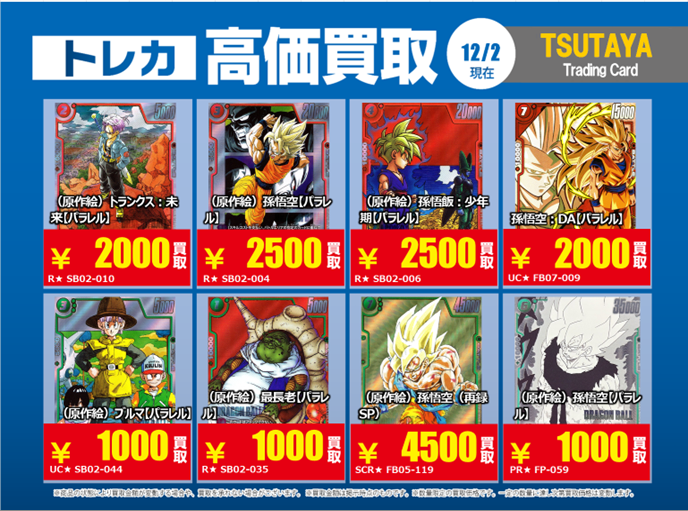【高価買取情報】
12/9まで
#ドラゴンボールFW
高価買取商品をお持ち頂く場合は
レジにてX掲載カードと必ずお伝え下さい。
申告が無い場合は通常価格での買取
となってしまいますのでお気を付け下さい。
※在庫状況や商品状態で買取価格が変動
または終了する事がございます。
#TTC錦糸町