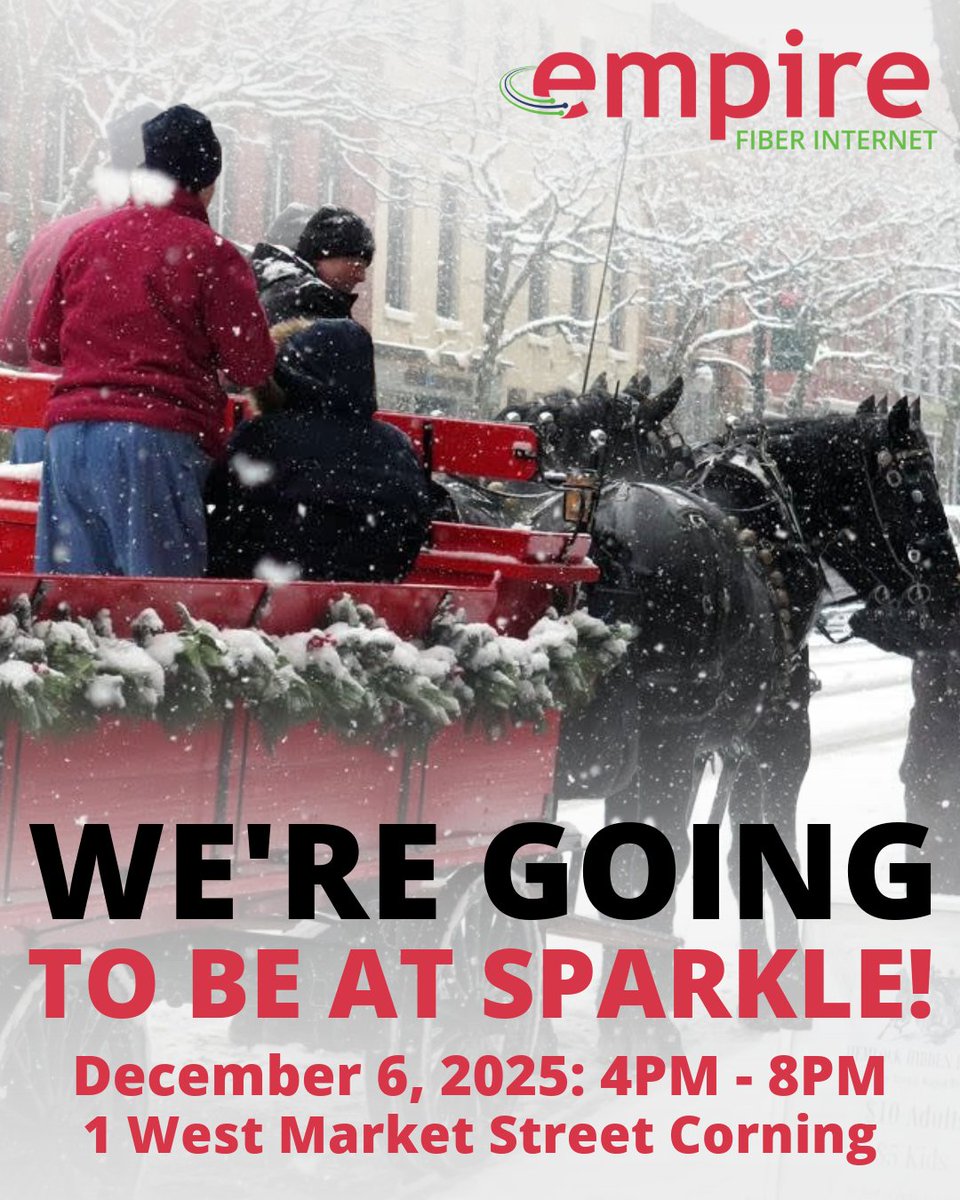 ✨ We’re excited to be part of Sparkle in Corning on December 6th! ✨

Stop by our table during this magical holiday celebration and learn how Empire Fiber Internet can bring ultra-fast, reliable fiber internet to you!