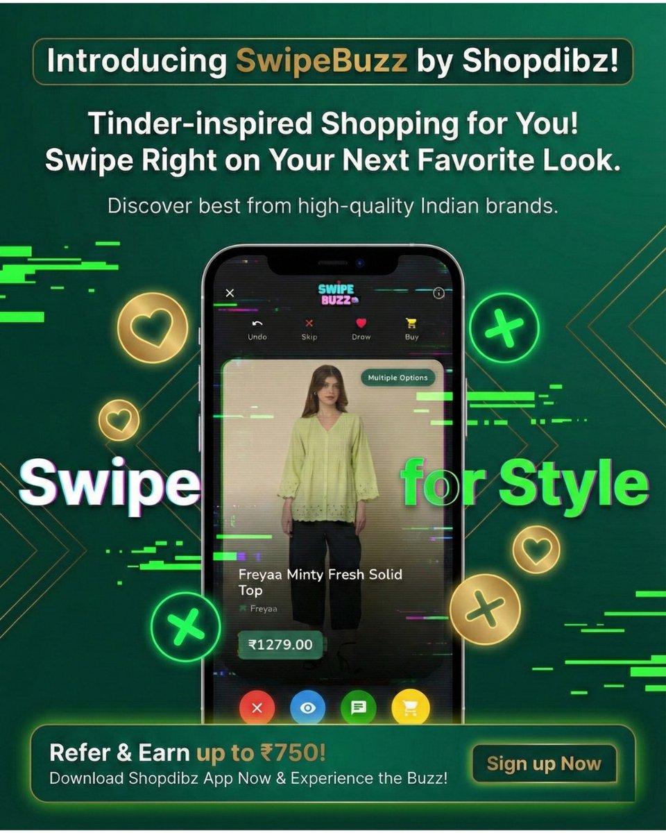 shopdibz's tweet photo. Ready to swipe right on your new look? 😉 Introducing SwipeBuzz by @Shopdibz! It’s Tinder-inspired shopping for high-quality Indian brands. Fun, easy, and addictive! 🔥
REFER & EARN up to ₹750 when you share the buzz! 💸 Download the app now: https://t.co/UFQtjc0tki
#SwipeBuzz #Shopdibz #OOTD