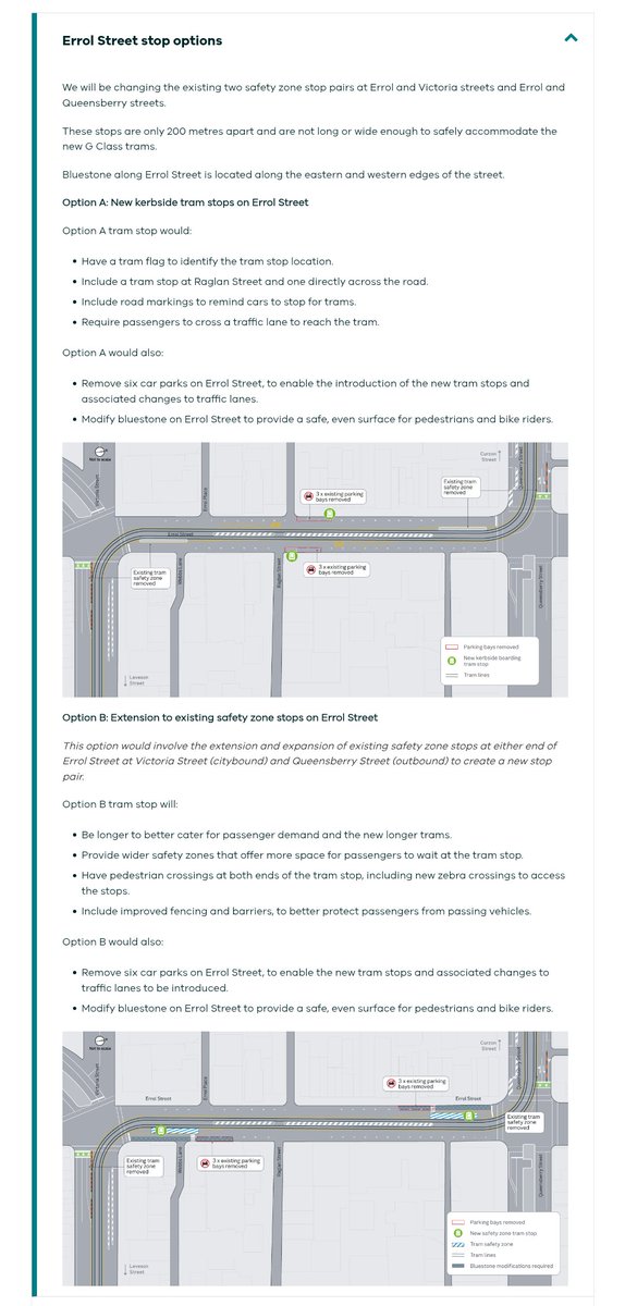 literar63's tweet image. Engagement for changes to route 57 stops in North Melbourne for G class tram is now open.  Options provided show new *kerbside stops* and new *safety zone stops*, with seemingly no level boarding platform stops provided.
engage.vic.gov.au/route-57-north…