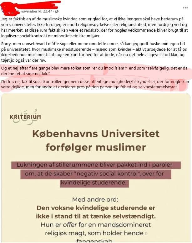 MASKEFALD

Et ubetinget gode ved udviklingen efter KUs lukning af bederummene er, at maskerne er faldet. I deres ophidselse over lukningen kan de muslimske tilhængere ikke længere holde facaden og følge scriptet om, at rummene er nødvendige for at hjælpe medstuderende med