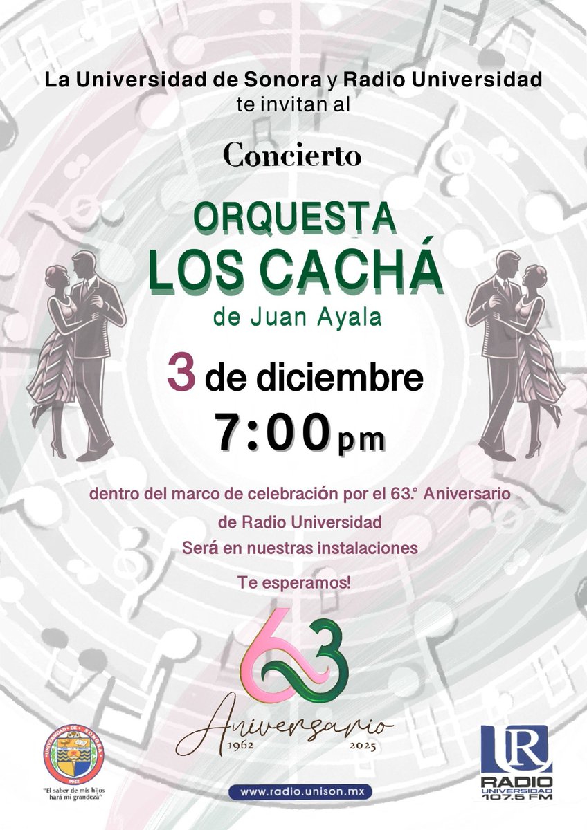 Como parte del elenco de la celebración por el 63 Aniversario de Radio Universidad , nos acompañará La Orquesta : "Los Cacha".
 Avenida Escobedo Sin No. entre Blvd. Luis Encinas Johnson y Blvd. Abelardo Rodríguez Col. Centro.    <a href="/SoyUnison/">Soy Unison</a> 
 Ven a bailar !
#Unison #hermosillo