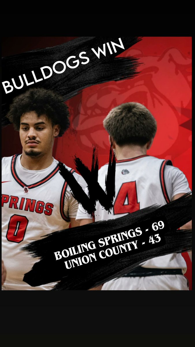 Bulldogs win!
FINAL
Boiling Springs - 69
Union County - 43

Braylin Gilliam led the Bulldogs with 16 pts.

We're at home again tomorrow vs. Hillcrest! #Bulldoghoops1