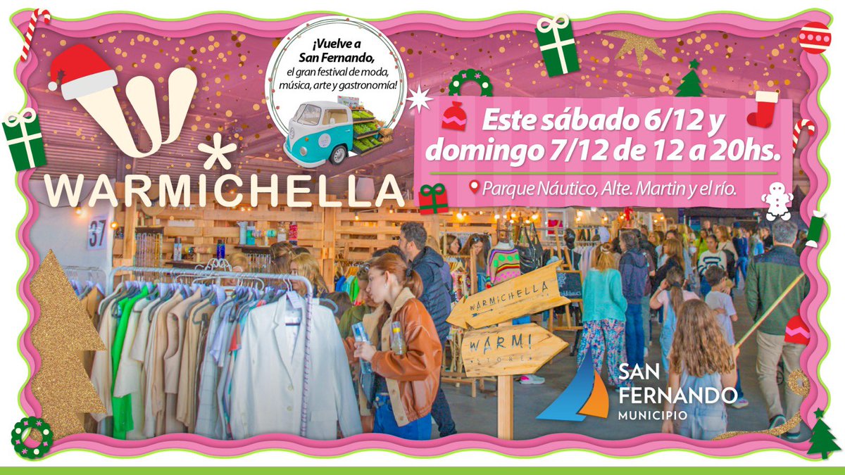 FIN DE SEMANA DE #WARMICHELLA NAVIDEÑO EN SAN FERNANDO! 👡🪴🎵🌮

Este Sábado 6 y domingo 7 de diciembre, de 12 a 20h, vení a compartir Lifestyle Festival en el Parque Náutico de San Fernando! Con #PapaNoel y lo mejor en tendencias de #Navidad.

📌 Almirante Martin y Escalada.