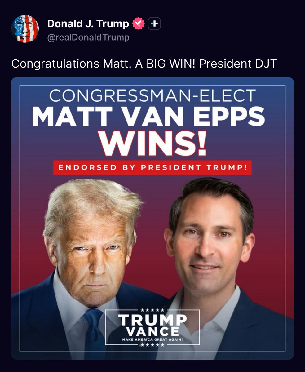 nicksortor's tweet image. 🚨 BREAKING: President Trump responds to Matt Van Epps’ US House win tonight in Tennessee

“Congratulations Matt. A BIG WIN! President DJT”

Keep adding to the Republican majority! 🔥