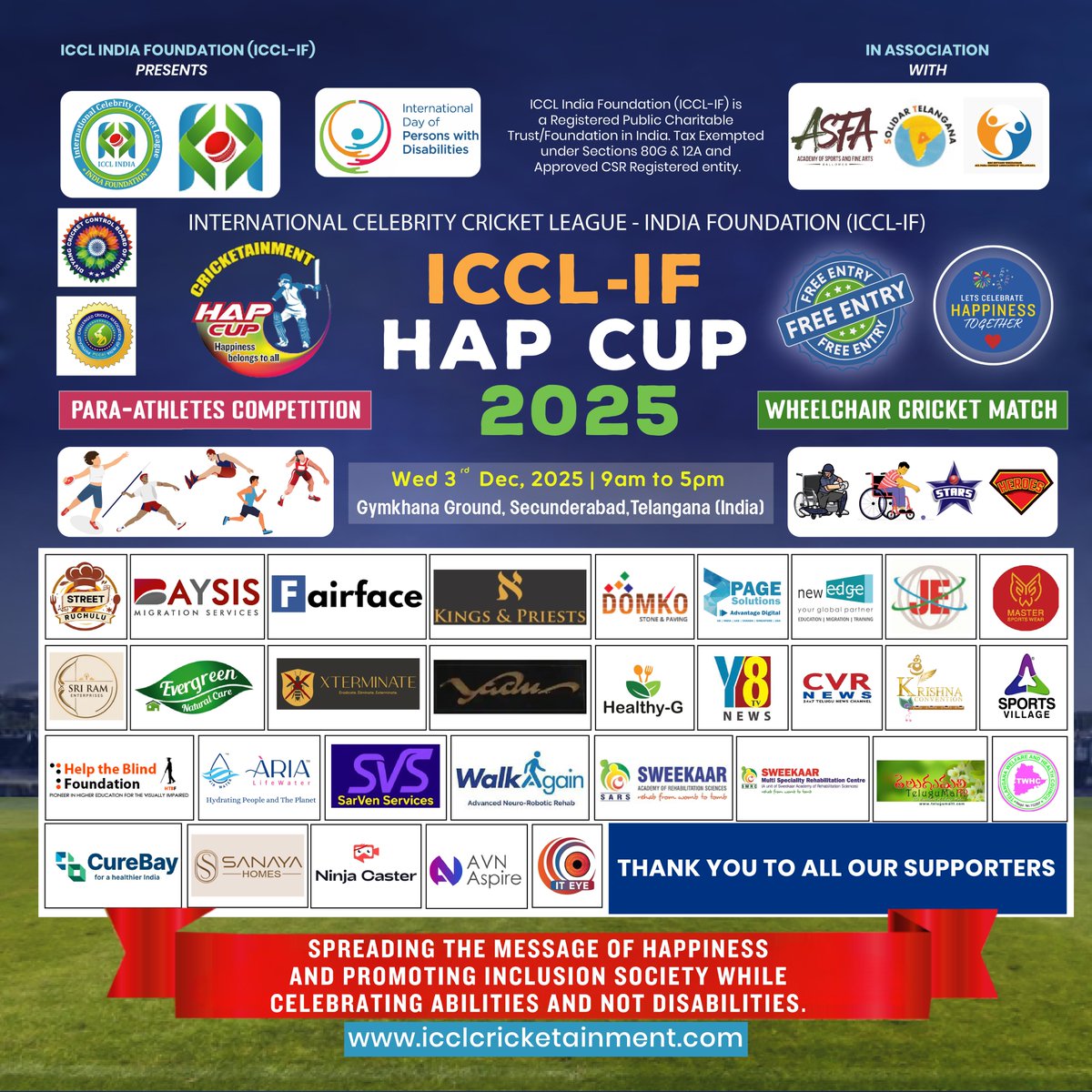 ICCLCRICKET's tweet photo. Celebrating "International Day of Persons with Disabilities" through Sports Entertainment. ICCL India Foundation (ICCL-IF) HAP CUP Tournament on Wed 3 Dec 2025, Gymkhana Ground, Secunderabad. 
LIVE STREAMING Links:
https://t.co/MECV35opSQ
https://t.co/QPBDshIAbT https://t.co/fybTZRggvS