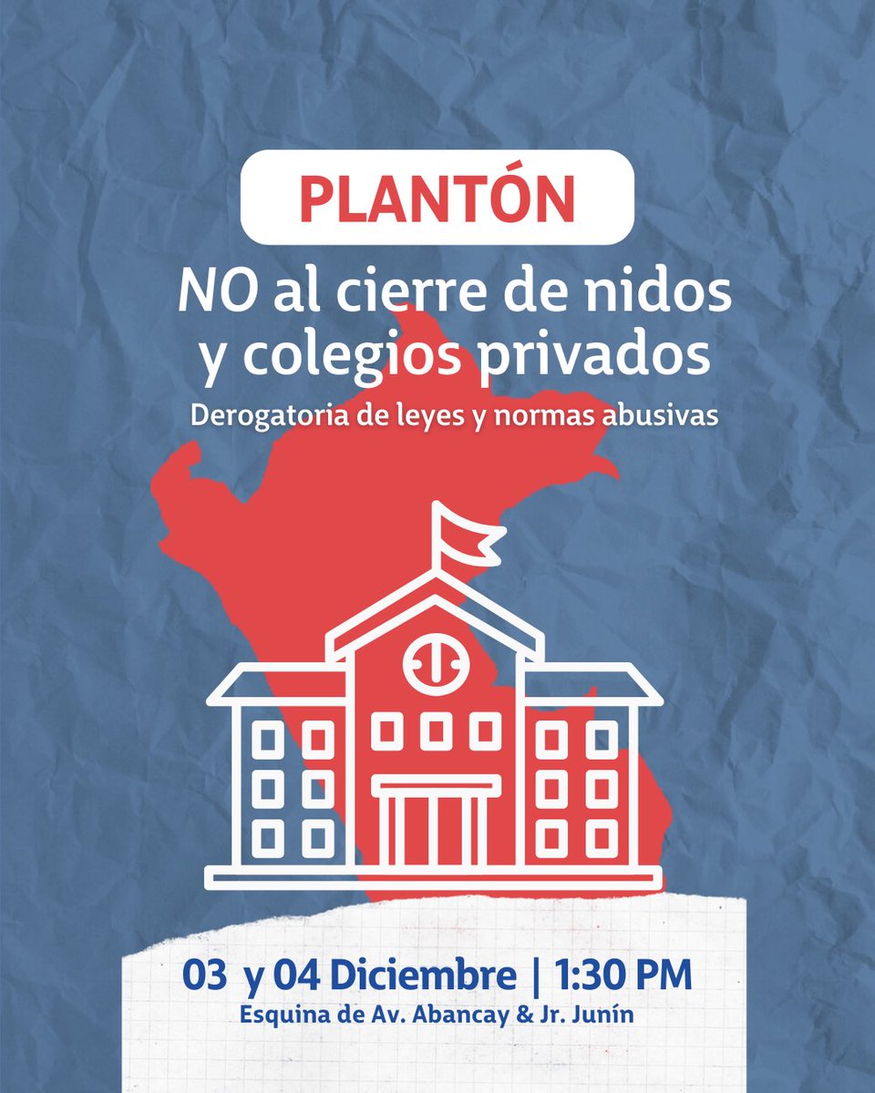 EducarCLibertad's tweet photo. ¡La educación no se cierra! 
Este 03 y 04 de diciembre 1:30 p.m. nos unimos para exigir la derogatoria de normas abusivas que ponen en riesgo a nidos y colegios privados.
📍 Av. Abancay &amp; Jr. Junín
@congresoperu @presidenciaperu 
#DefendamosLaEducación #NoAlCierreDeColegios https://t.co/B0SDDISm9b