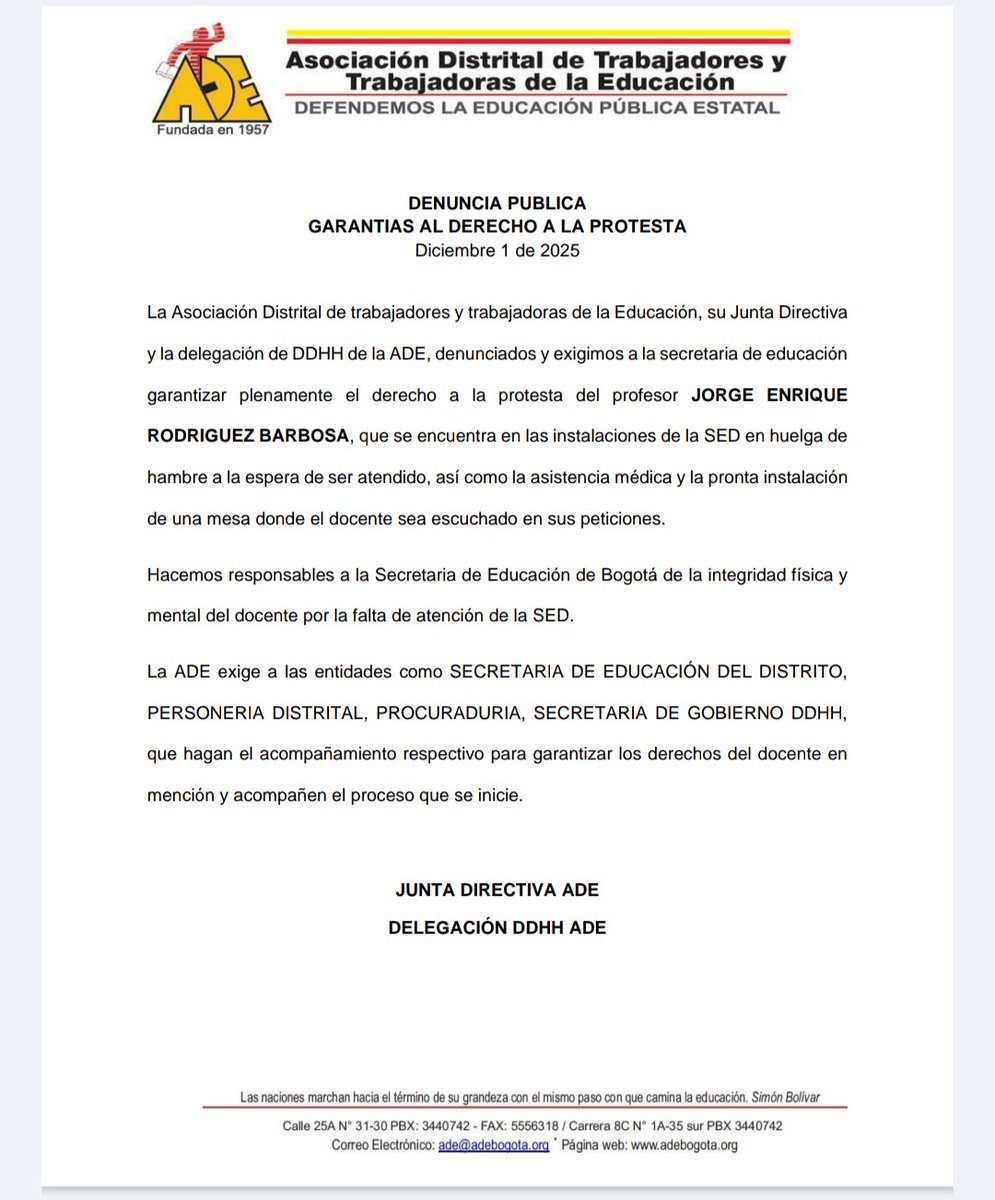RAULVASQUEZ2010's tweet image. Llamado contundente a @Educacionbogota @IsabelSegoviaO para que ESCUCHEN, ATIENDAN al docente Jorge Rodríguez qué lleva 48 horas en huelga de hambre en las instalaciones de la SED.
@fecode @cutcolombia @adebogota @ConsejeriaDDHH @personeriabta @DefensoriaCol @AlirioUribeMuoz