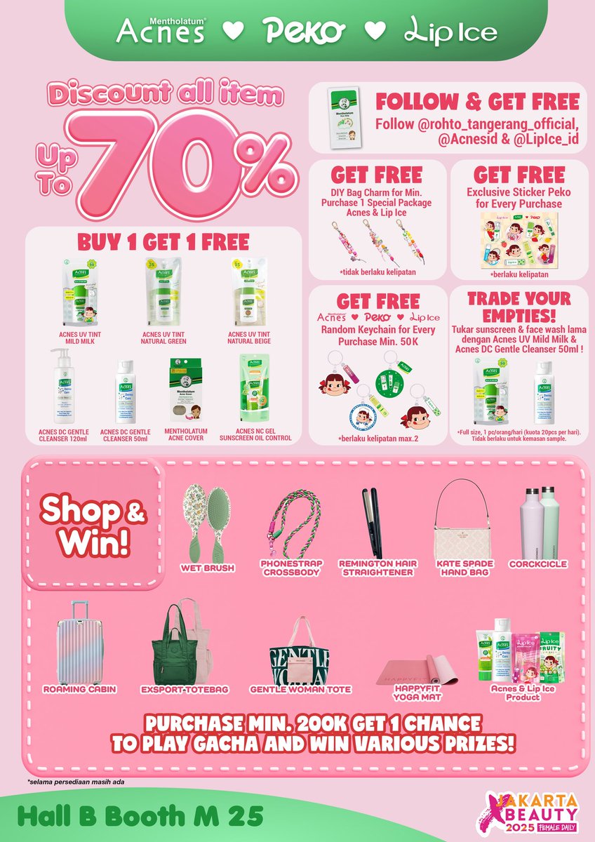 AcnesID's tweet image. Siapa yang punya tipe kulit acne prone, sensitif, berminyak, dan bermasalah sama bibir kering? 👀

Tenang! Kamu bisa mampir ke booth @acnesid &amp;amp; @lipiceID id di JXB 2025! 🤩

Nggak perlu khawatir boros soalnya Acnes &amp;amp; Lip Ice punya promo spesial buat kamu! :