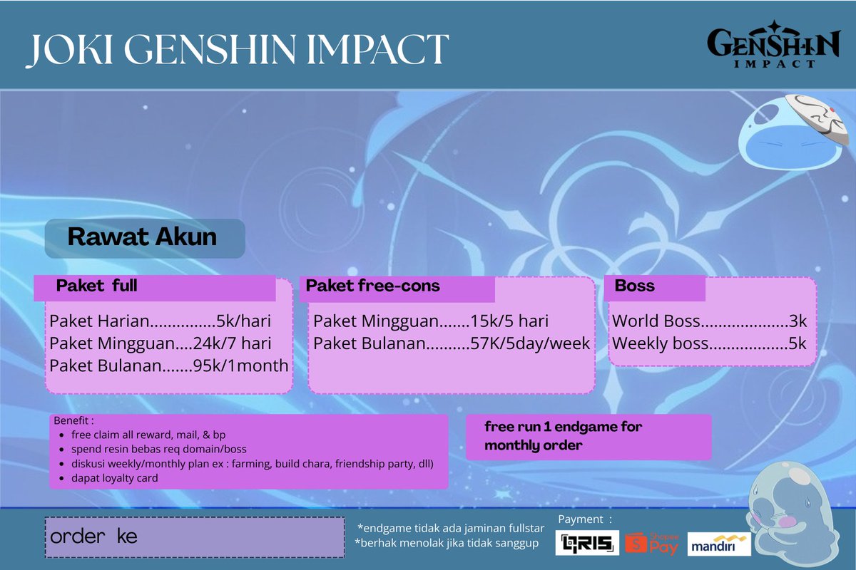 imfujoshit's tweet image. Open Joki Genshin Impact buat yang lagi pada sibuk irl tapi pengen cons dan primo~ 
itsokay take ur time~  
but i take ur money ehe! 
avail QRIS and Loyalty Card&amp;lt;3
.  
.   
ayo bisa diorder harga murmer promosi!     

#zonauang #jokigenshin #zonajajan