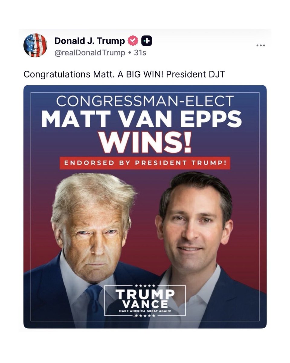 A major win tonight for Congressman-Elect Matt Van Epps and the people of Tennessee’s 7th Congressional district.

He defeated a candidate who: 
- Openly admitted she dislikes the state she ran to represent
- Hates prayer
- Opposes ICE
- Loves abortion
- Backed the BLM riots.