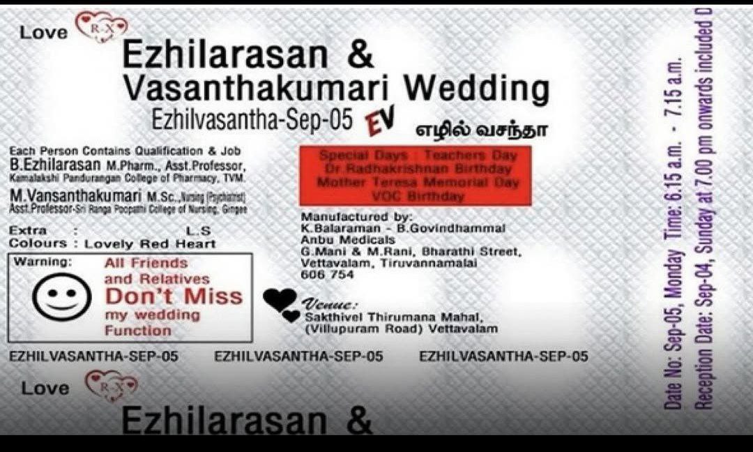 Kabhi-कभी शादी का कार्ड भी इतनी creativity दिखा देता है कि सोशल मीडिया को नई कहानी मिल जाती है।

तमिलनाडु से एक अनोखा wedding card वायरल हो रहा है. एक कपल ने अपनी शादी का निमंत्रण सीधे दवाई की strip की तरह प्रिंट करवाया है. दूल्हा pharmacist है और दुल्हन nurse

Card पर नाम,