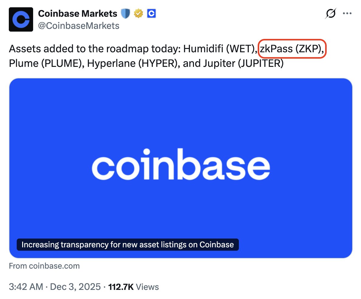此前在Kaito 公售的@zkPass 看来马上就要TGE 了。 Coinbase 刚公布将$ZKP 添加进路线图，大概率要上Coinbase 了。  根据原文中公布的$