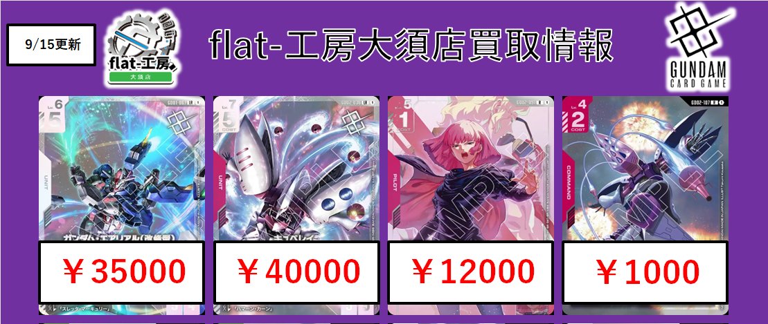 【🪐flat工房ガンダムカード買取情報🪐】
全部カッコ良すぎるから超超募集‼‼‼‼‼‼‼‼‼‼
🔥キュベレイプロモ￥4⃣0⃣0⃣0⃣0⃣🔥
🔥ハマーン￥1⃣2⃣0⃣0⃣0⃣🔥
🔥オールレンジ攻撃￥1⃣0⃣0⃣0⃣🔥
🔥エアリアルプロモ￥3⃣5⃣0⃣0⃣0⃣🔥

名古屋でガンダムカードゲームを売るならflat工房大須店へ🪐